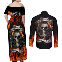 Skull Couples Matching Off Shoulder Maxi Dress and Long Sleeve Button Shirts Gambling Death Fire - Wonder Print Shop