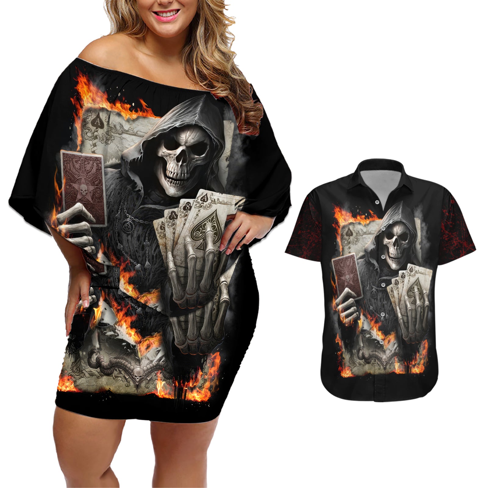 Skull Couples Matching Off Shoulder Short Dress and Hawaiian Shirt Gambling Death Fire - Wonder Print Shop