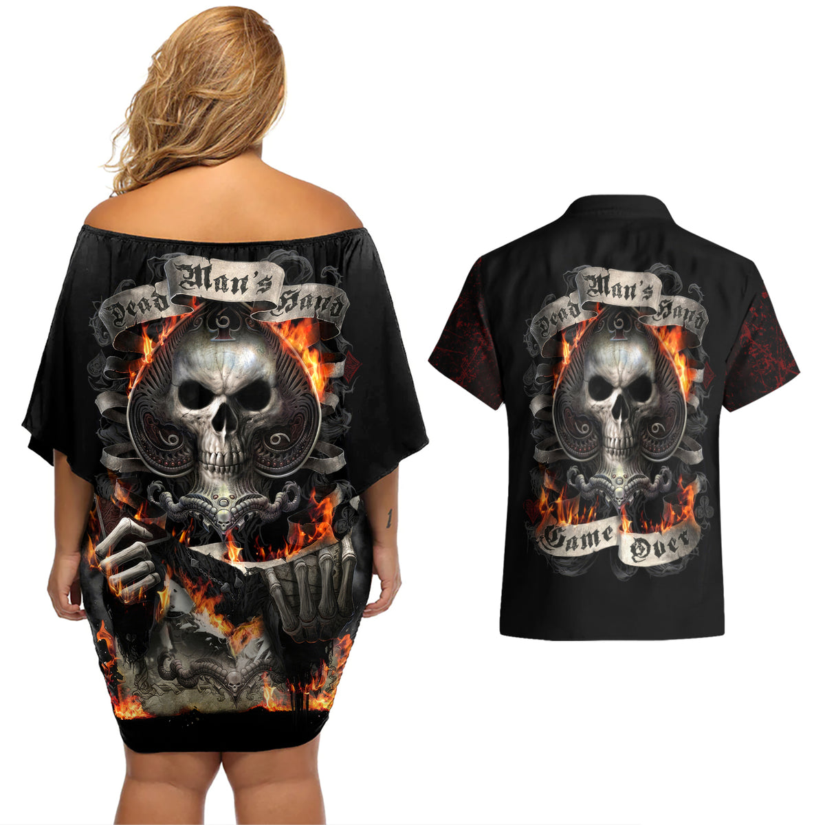 Skull Couples Matching Off Shoulder Short Dress and Hawaiian Shirt Gambling Death Fire - Wonder Print Shop