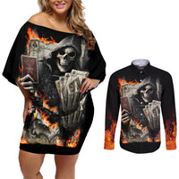 Skull Couples Matching Off Shoulder Short Dress and Long Sleeve Button Shirts Gambling Death Fire - Wonder Print Shop