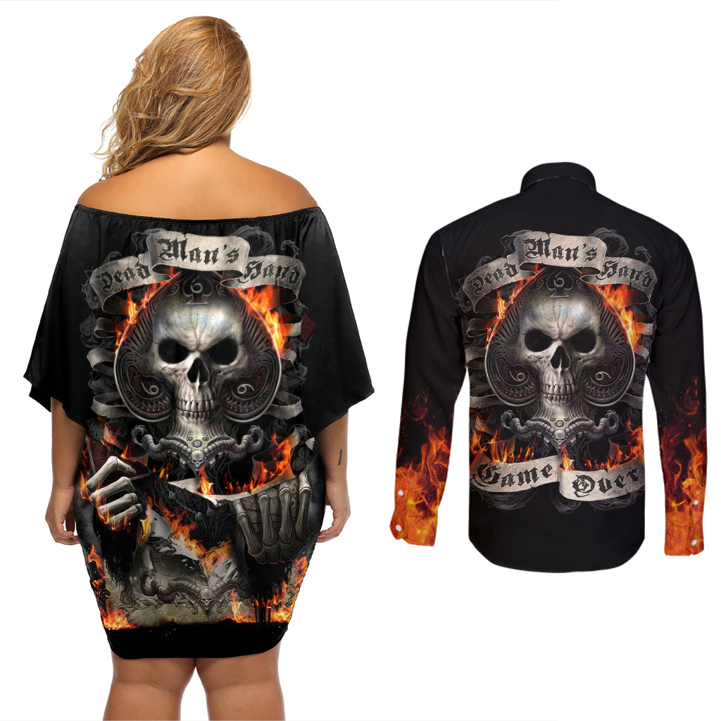 Skull Couples Matching Off Shoulder Short Dress and Long Sleeve Button Shirts Gambling Death Fire - Wonder Print Shop