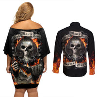 Skull Couples Matching Off Shoulder Short Dress and Long Sleeve Button Shirts Gambling Death Fire - Wonder Print Shop