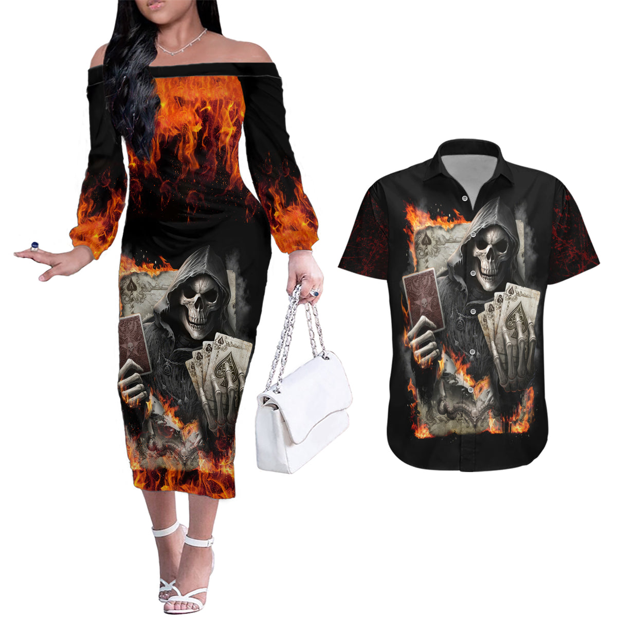 Skull Couples Matching Off The Shoulder Long Sleeve Dress and Hawaiian Shirt Gambling Death Fire - Wonder Print Shop