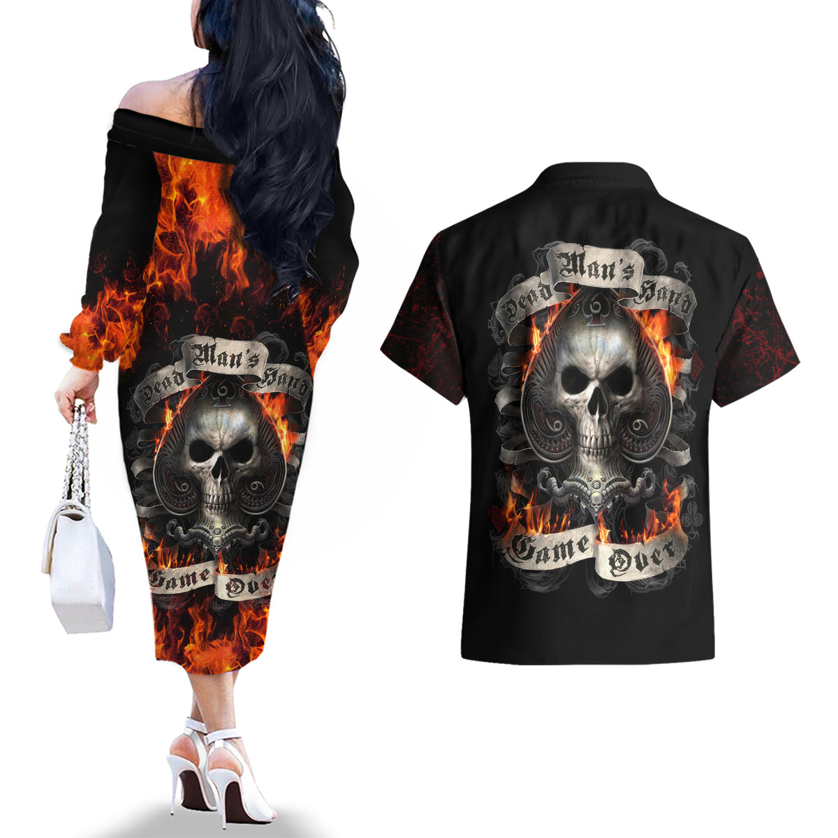 Skull Couples Matching Off The Shoulder Long Sleeve Dress and Hawaiian Shirt Gambling Death Fire - Wonder Print Shop