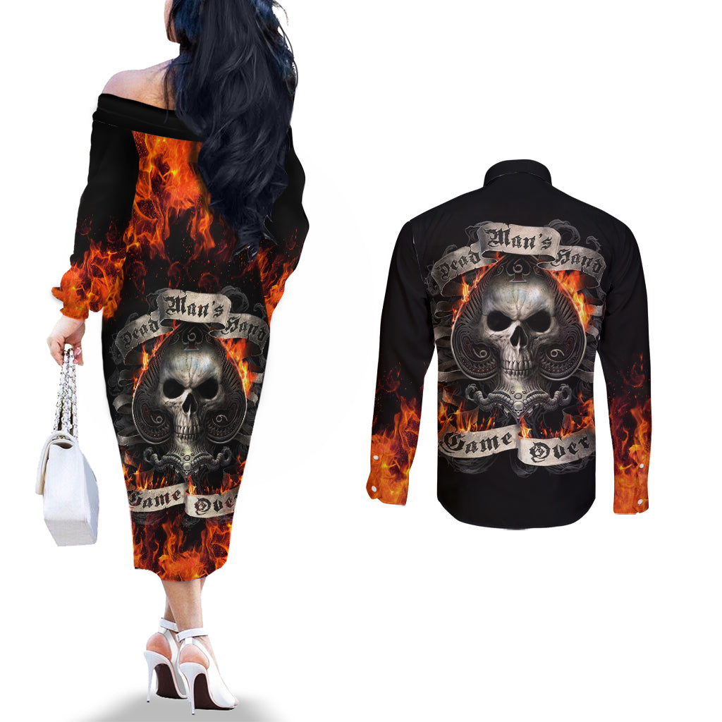 Skull Couples Matching Off The Shoulder Long Sleeve Dress and Long Sleeve Button Shirts Gambling Death Fire DT01