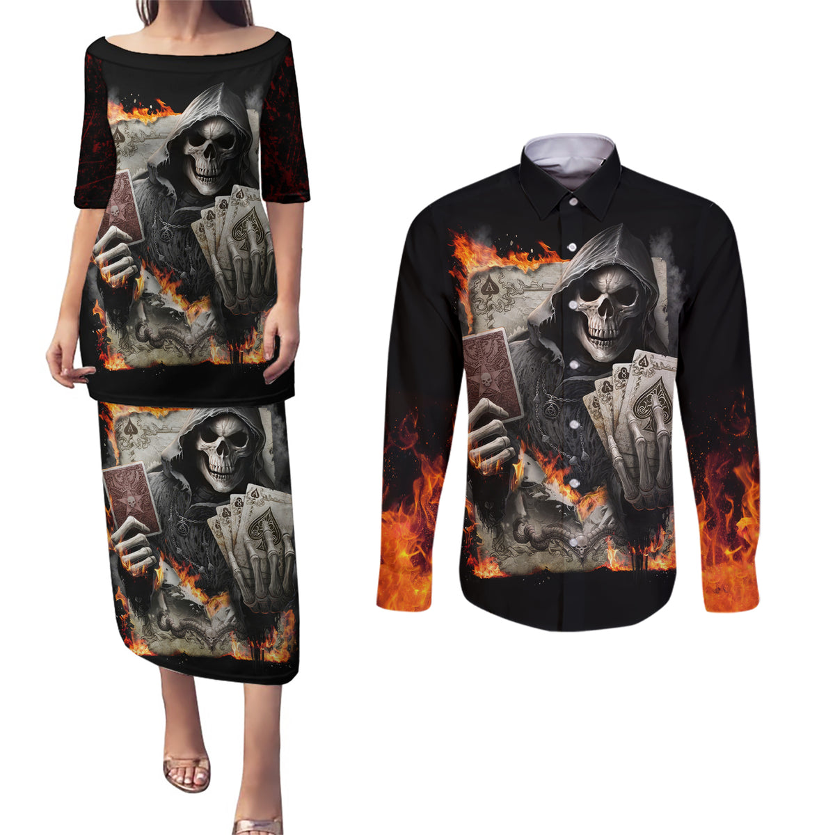 Skull Couples Matching Puletasi Dress and Long Sleeve Button Shirts Gambling Death Fire - Wonder Print Shop