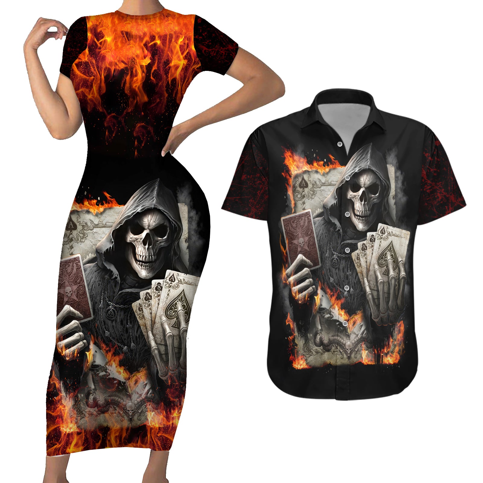 Skull Couples Matching Short Sleeve Bodycon Dress and Hawaiian Shirt Gambling Death Fire - Wonder Print Shop