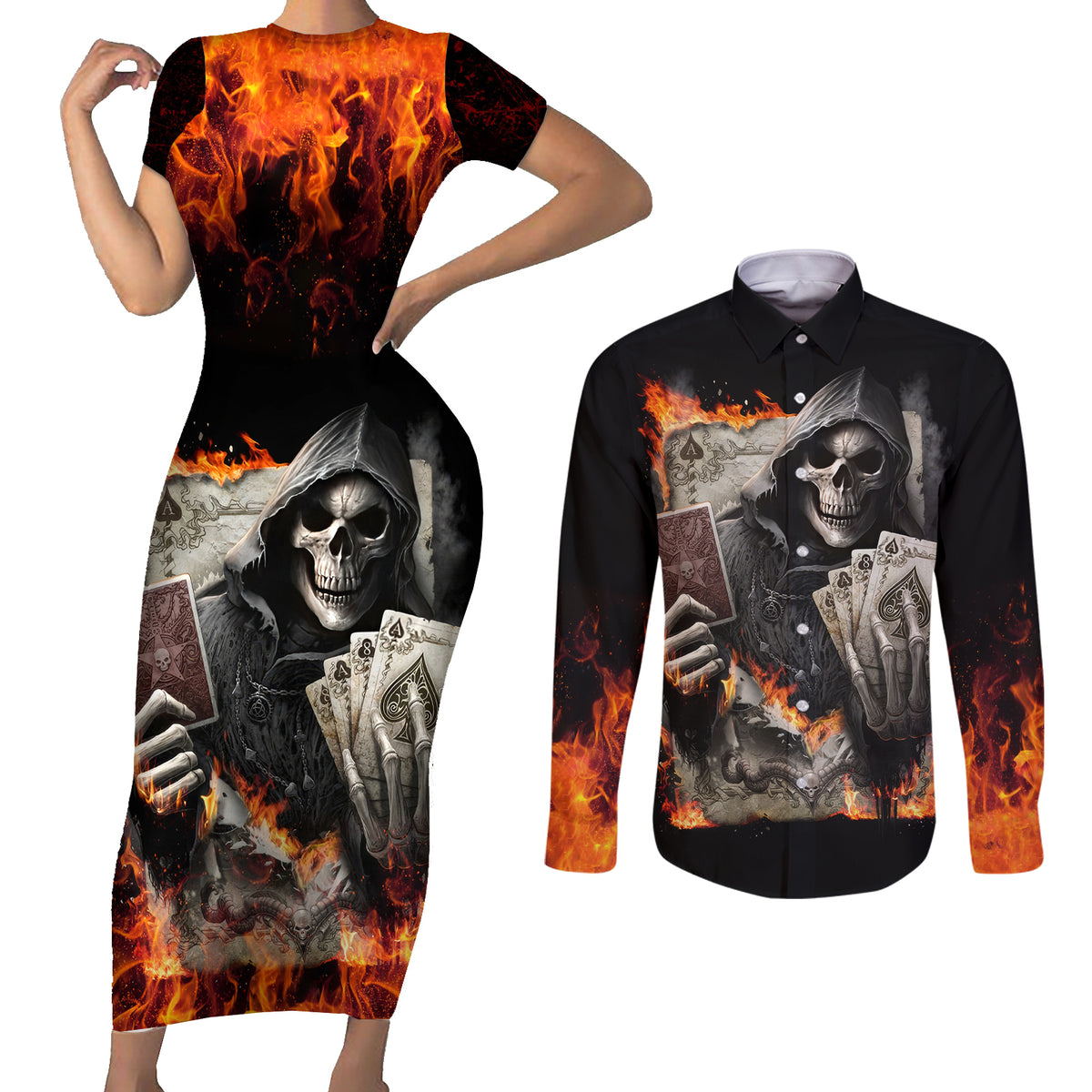 Skull Couples Matching Short Sleeve Bodycon Dress and Long Sleeve Button Shirts Gambling Death Fire - Wonder Print Shop