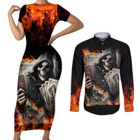 Skull Couples Matching Short Sleeve Bodycon Dress and Long Sleeve Button Shirts Gambling Death Fire - Wonder Print Shop