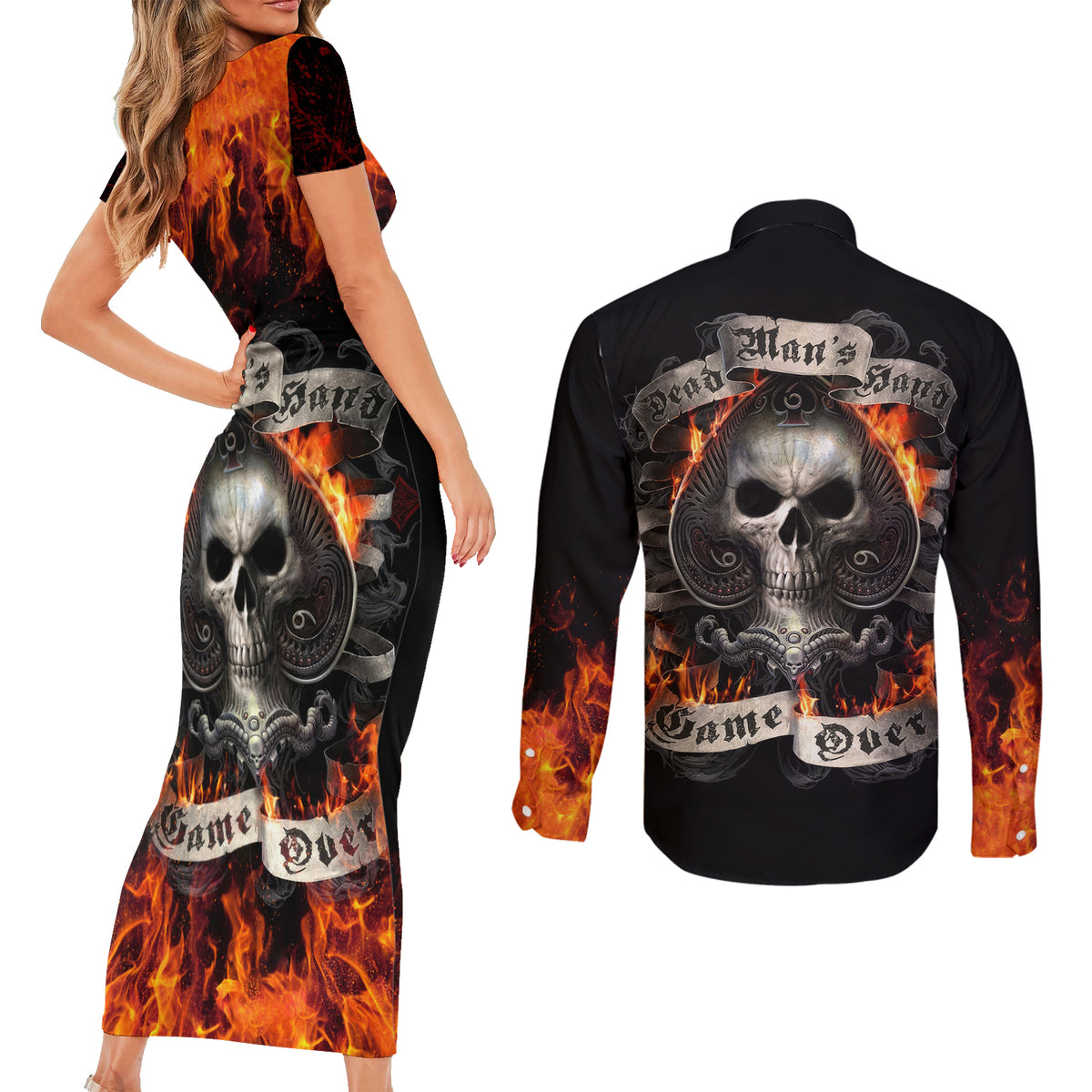 Skull Couples Matching Short Sleeve Bodycon Dress and Long Sleeve Button Shirts Gambling Death Fire - Wonder Print Shop
