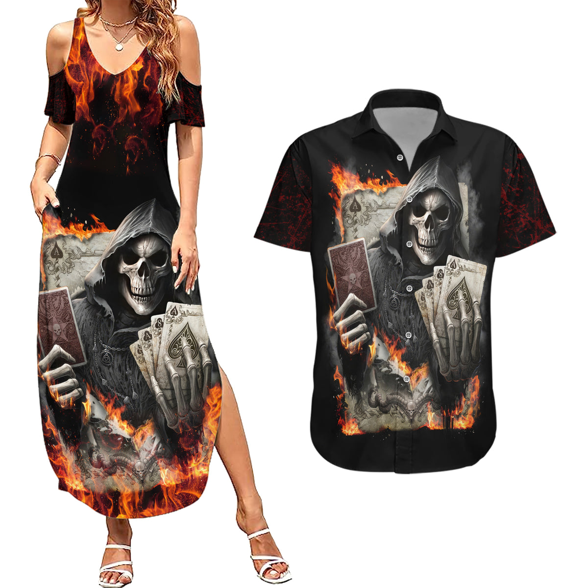 Skull Couples Matching Summer Maxi Dress and Hawaiian Shirt Gambling Death Fire - Wonder Print Shop
