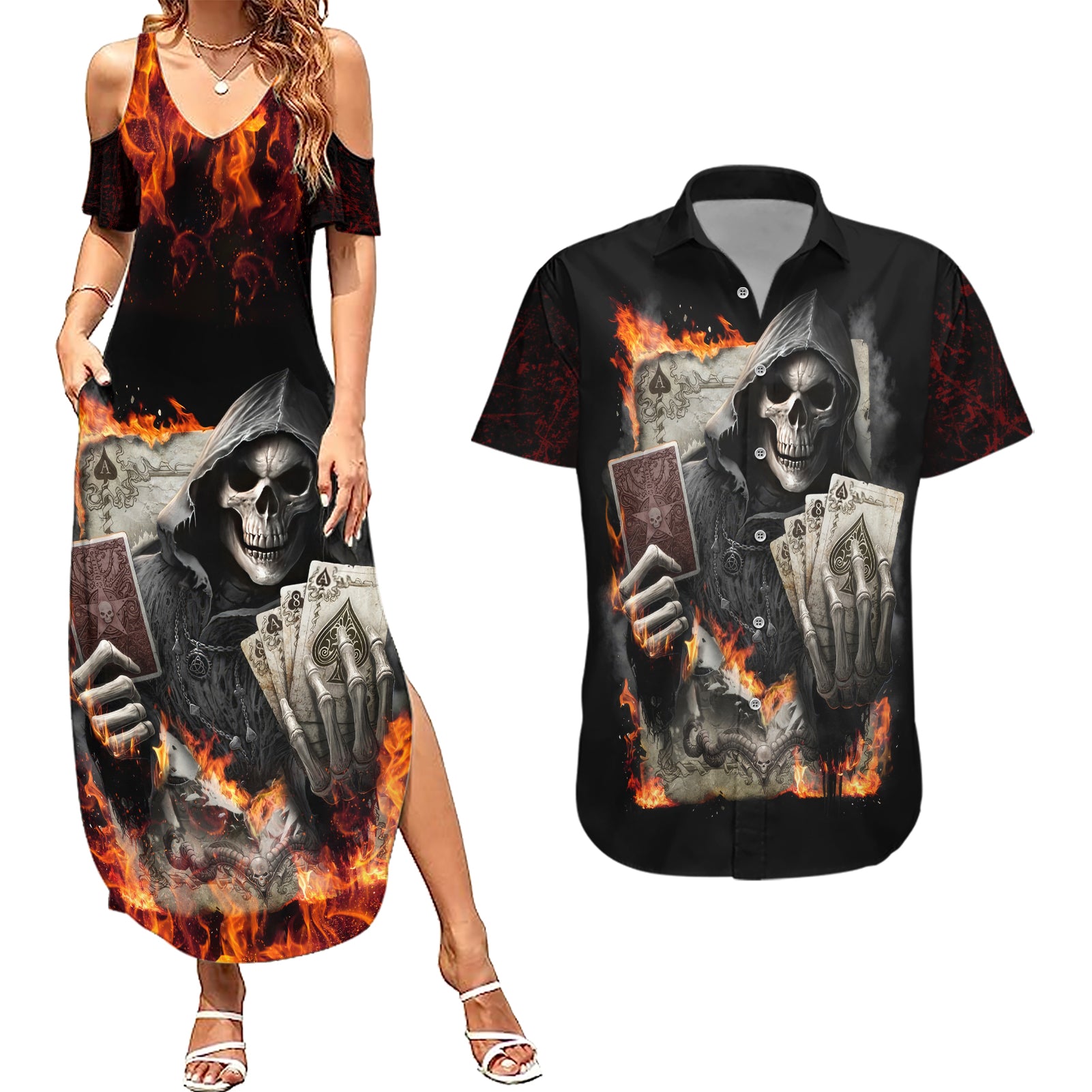 Skull Couples Matching Summer Maxi Dress and Hawaiian Shirt Gambling Death Fire - Wonder Print Shop