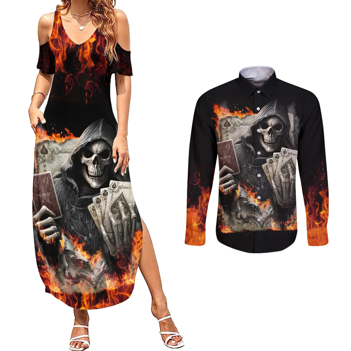 Skull Couples Matching Summer Maxi Dress and Long Sleeve Button Shirts Gambling Death Fire - Wonder Print Shop