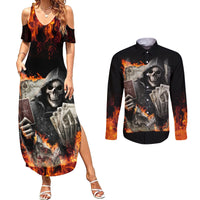 Skull Couples Matching Summer Maxi Dress and Long Sleeve Button Shirts Gambling Death Fire - Wonder Print Shop