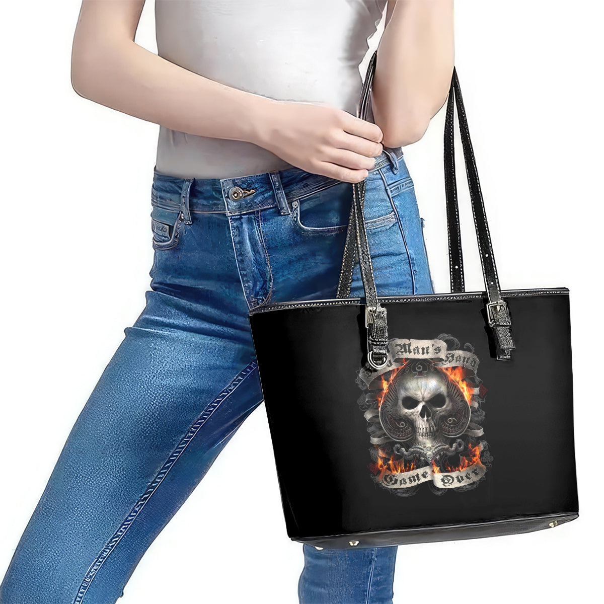 Skull Leather Tote Bag Gambling Death Fire - Wonder Print Shop