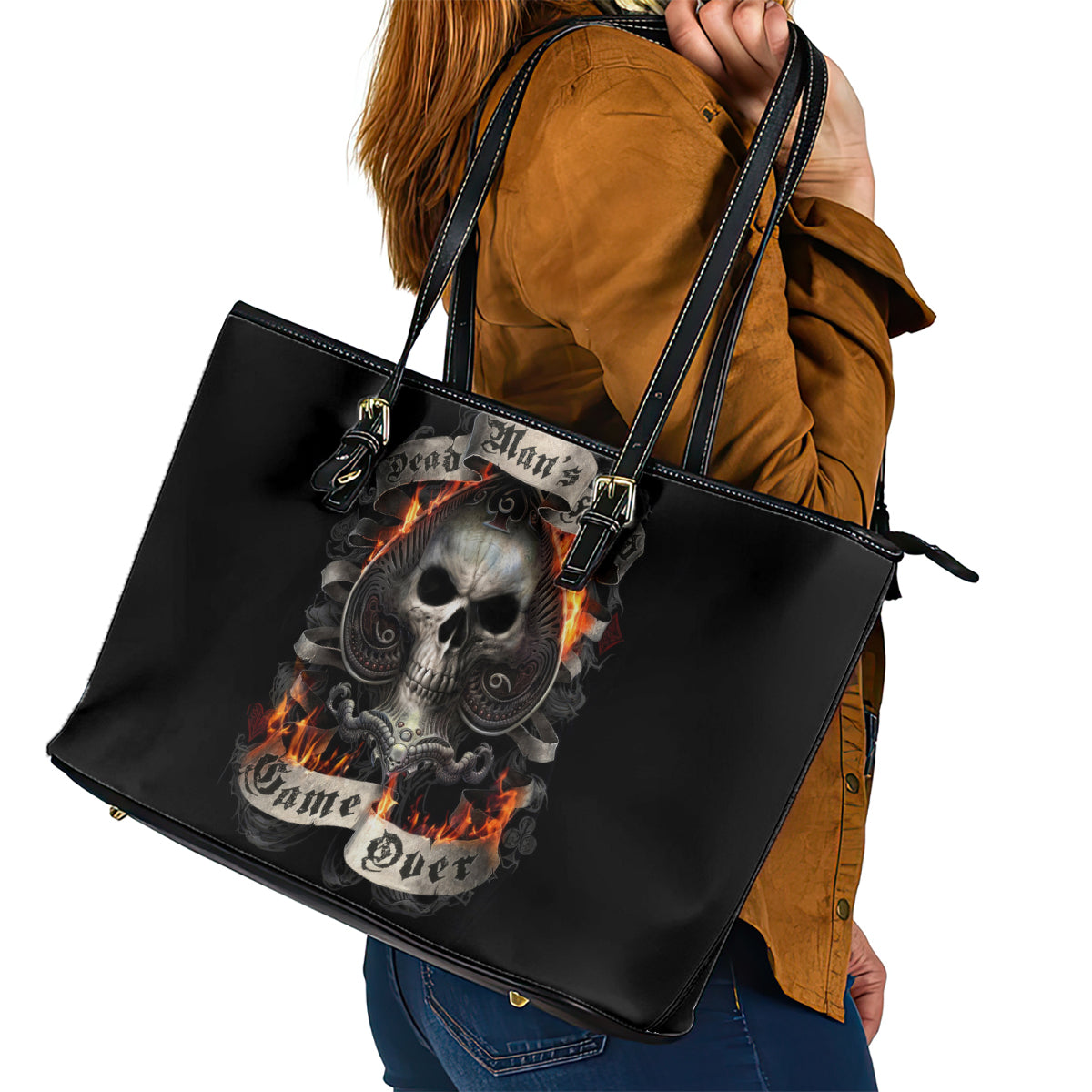 Skull Leather Tote Bag Gambling Death Fire - Wonder Print Shop