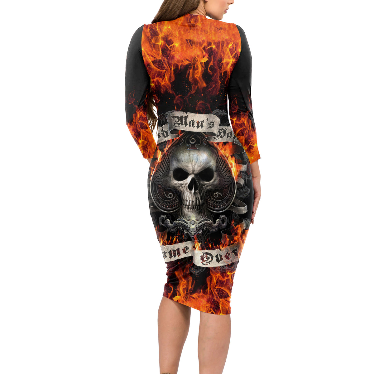 Skull Long Sleeve Bodycon Dress Gambling Death Fire - Wonder Print Shop