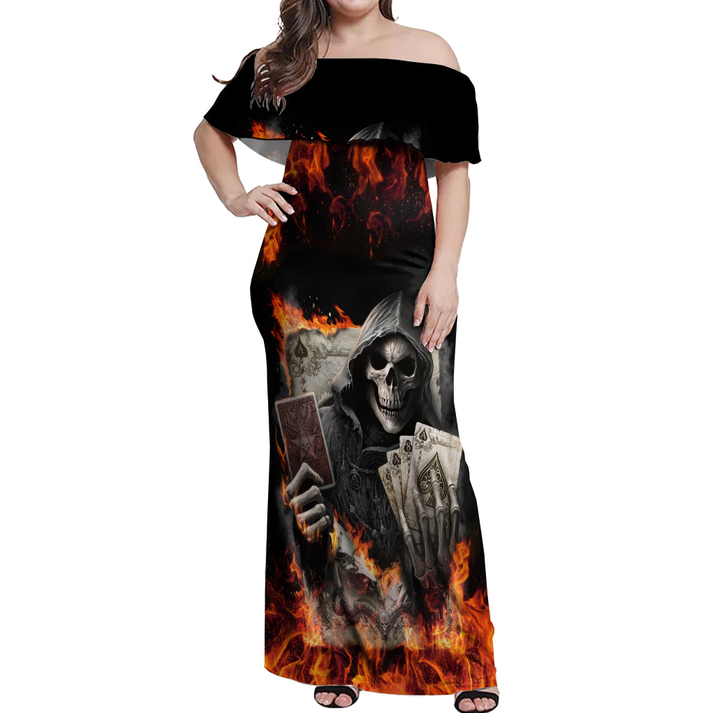 Skull Off Shoulder Maxi Dress Gambling Death Fire - Wonder Print Shop