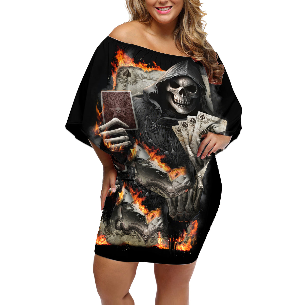 Skull Off Shoulder Short Dress Gambling Death Fire - Wonder Print Shop