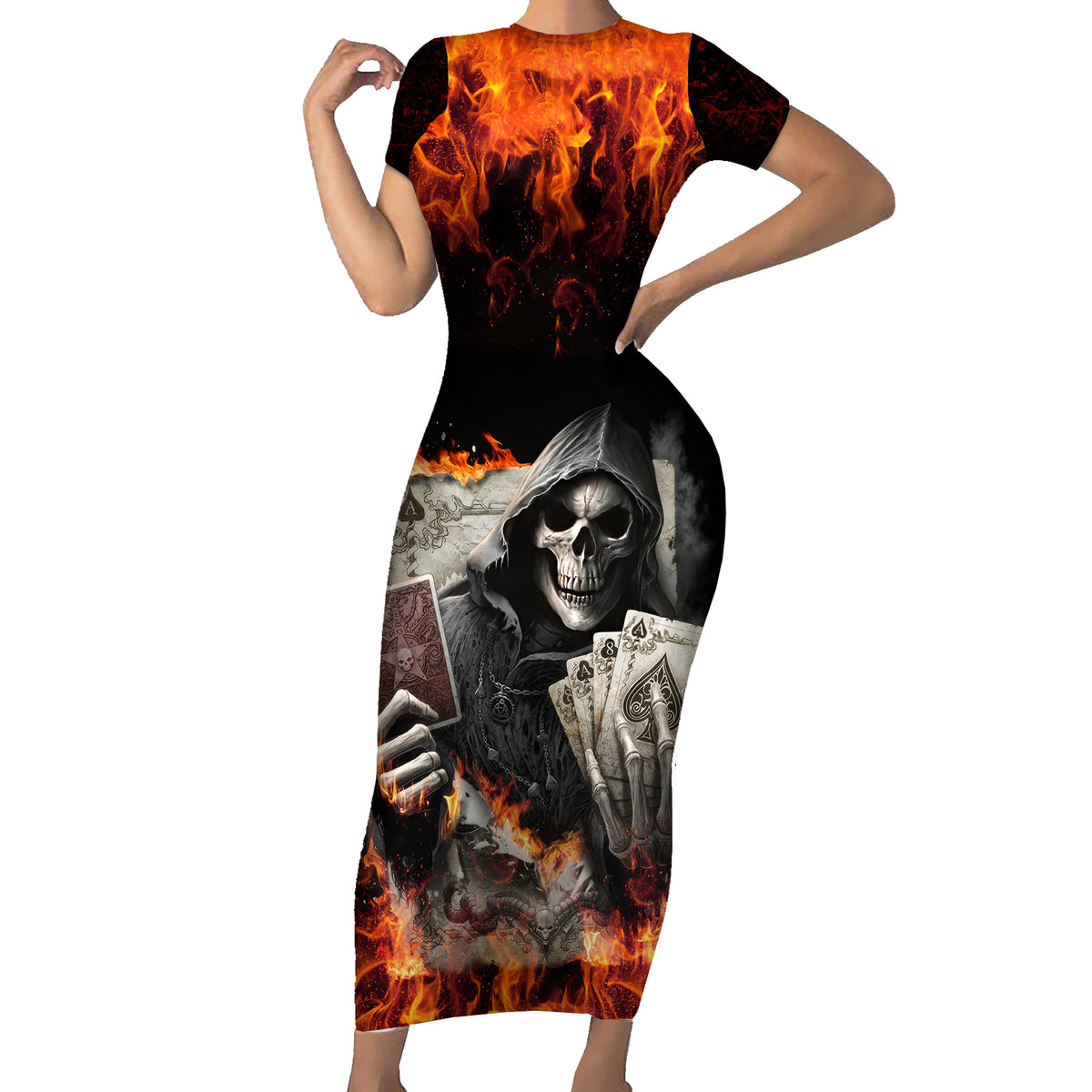 Skull Short Sleeve Bodycon Dress Gambling Death Fire - Wonder Print Shop