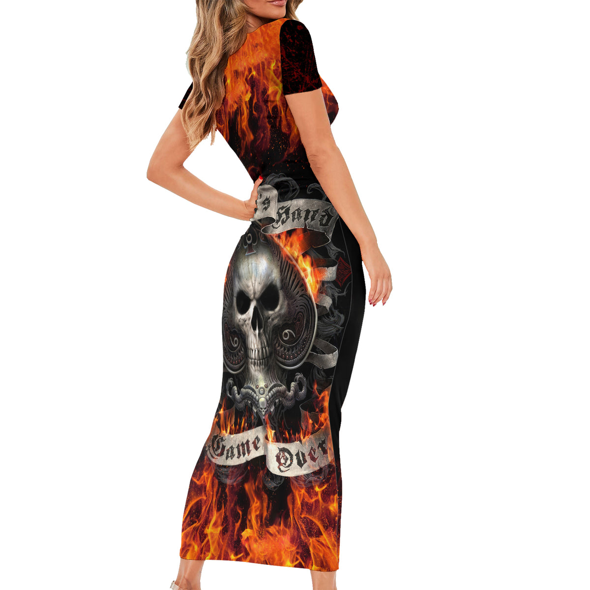 Skull Short Sleeve Bodycon Dress Gambling Death Fire - Wonder Print Shop