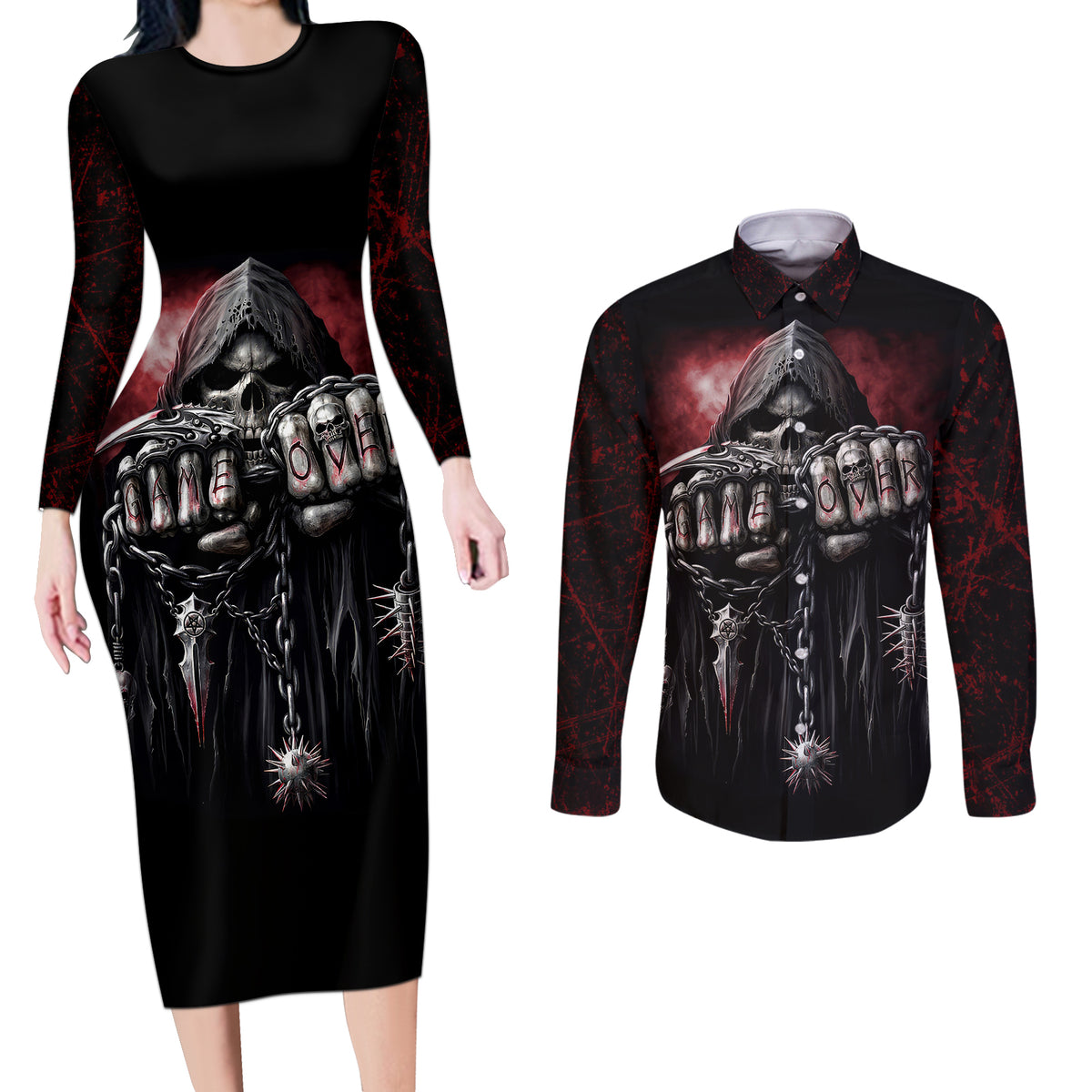 Skull Couples Matching Long Sleeve Bodycon Dress and Long Sleeve Button Shirts Death Skull Game Over - Wonder Print Shop