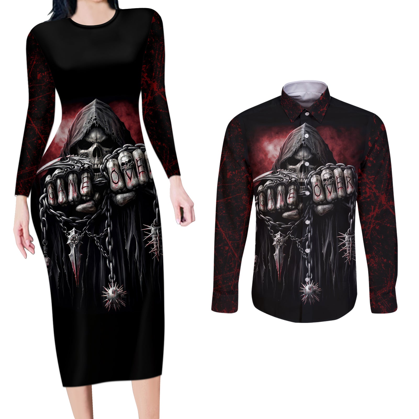Skull Couples Matching Long Sleeve Bodycon Dress and Long Sleeve Button Shirts Death Skull Game Over - Wonder Print Shop