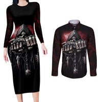 Skull Couples Matching Long Sleeve Bodycon Dress and Long Sleeve Button Shirts Death Skull Game Over - Wonder Print Shop