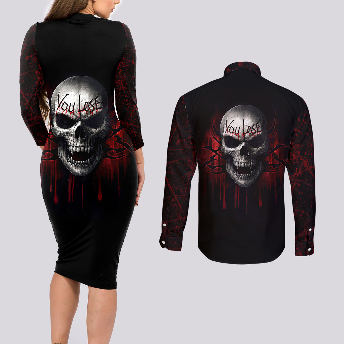 Skull Couples Matching Long Sleeve Bodycon Dress and Long Sleeve Button Shirts Death Skull Game Over - Wonder Print Shop