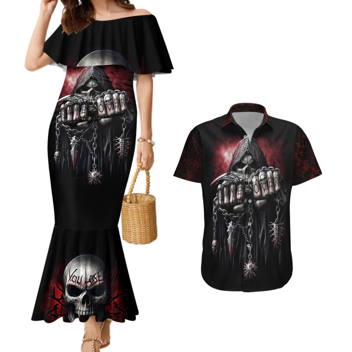Skull Couples Matching Mermaid Dress And Hawaiian Shirt Death Skull Game Over - Wonder Print Shop