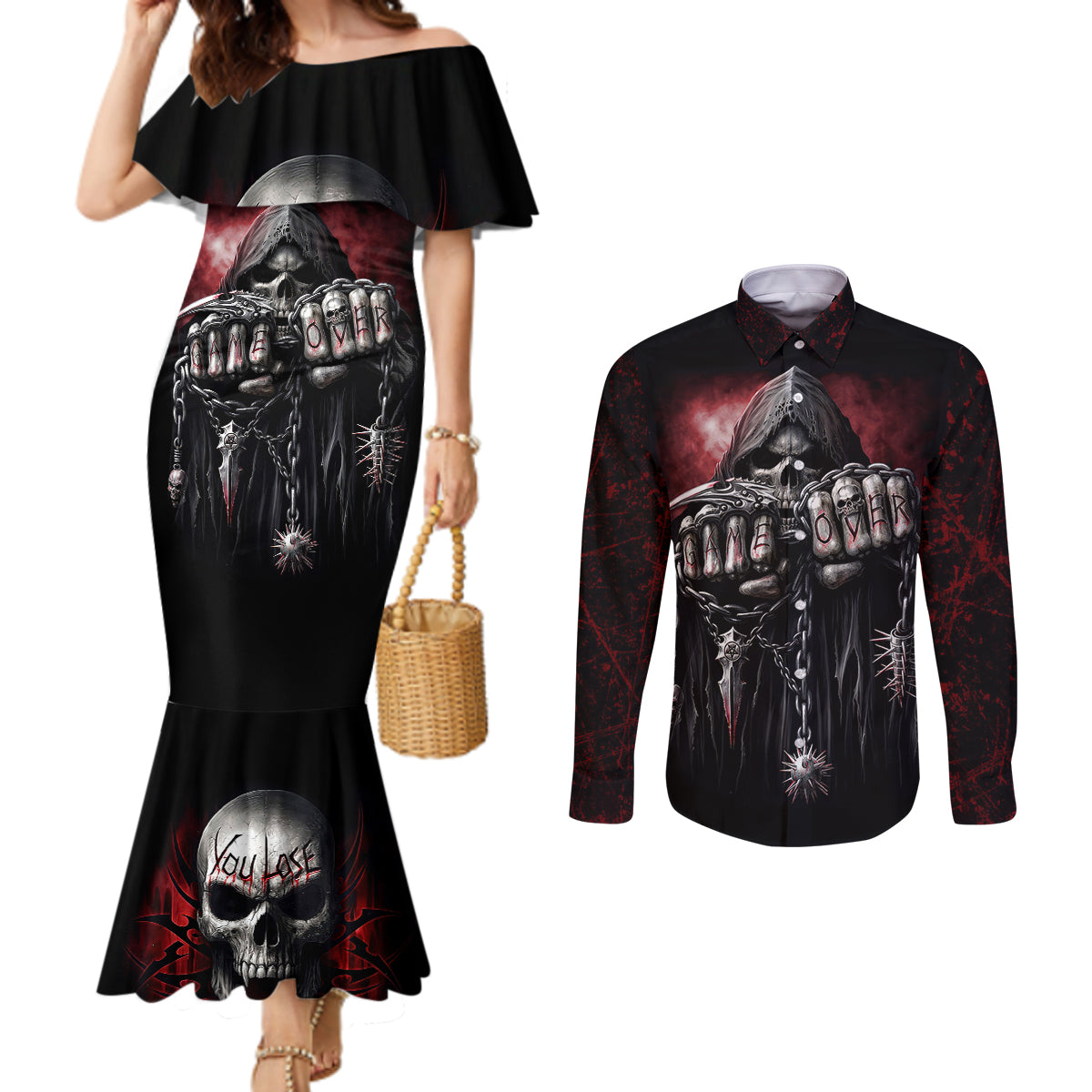 Skull Couples Matching Mermaid Dress and Long Sleeve Button Shirts Death Skull Game Over DT01