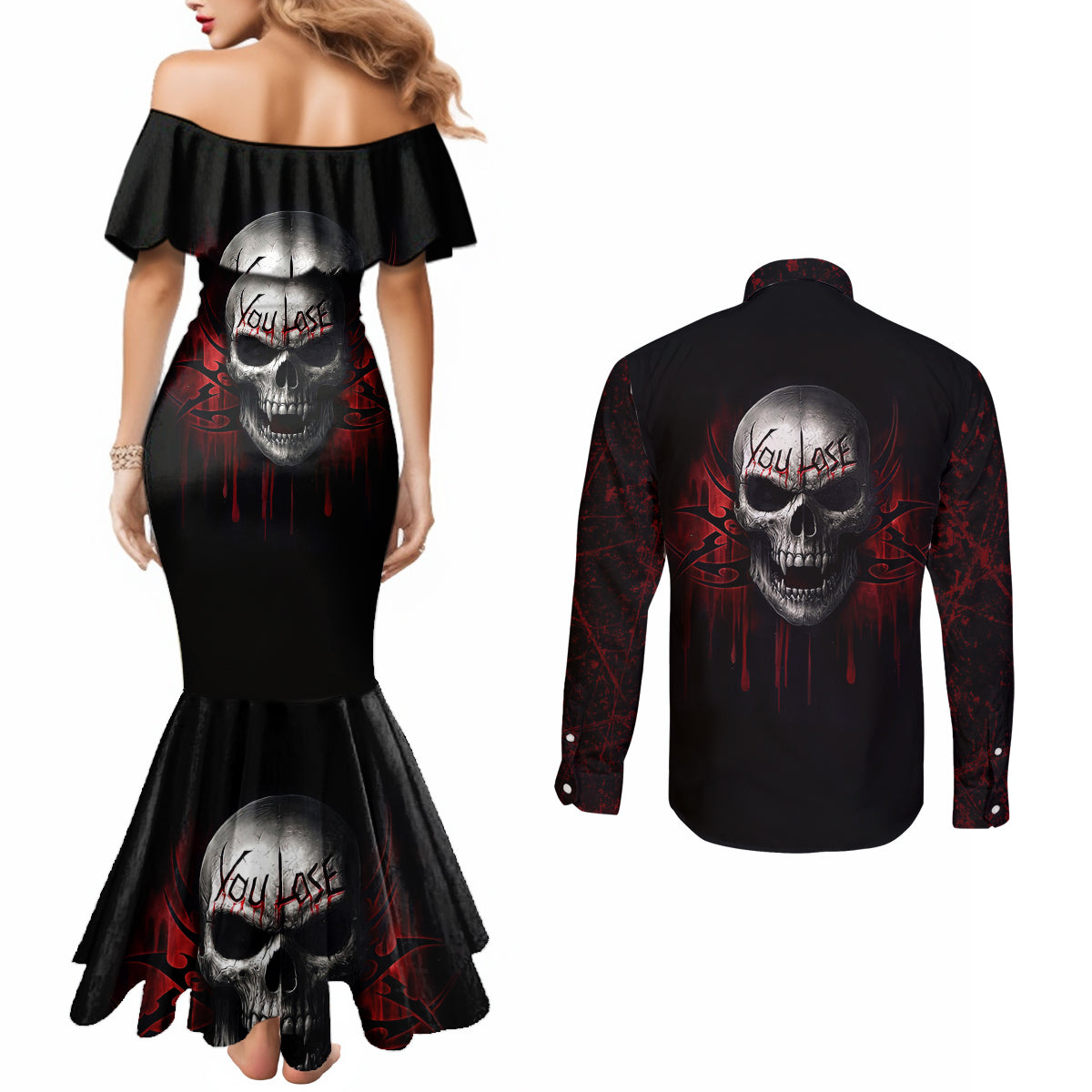 Skull Couples Matching Mermaid Dress and Long Sleeve Button Shirts Death Skull Game Over DT01