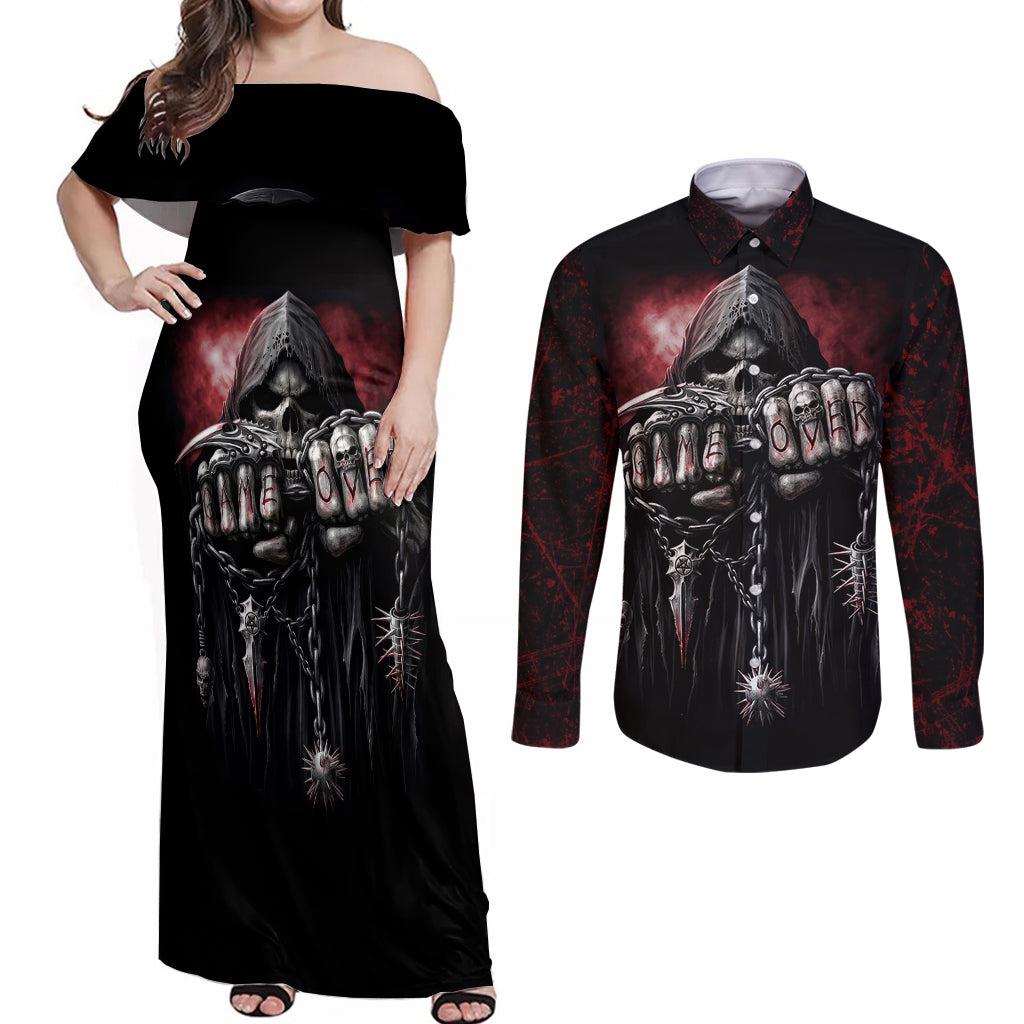 Skull Couples Matching Off Shoulder Maxi Dress and Long Sleeve Button Shirts Death Skull Game Over - Wonder Print Shop