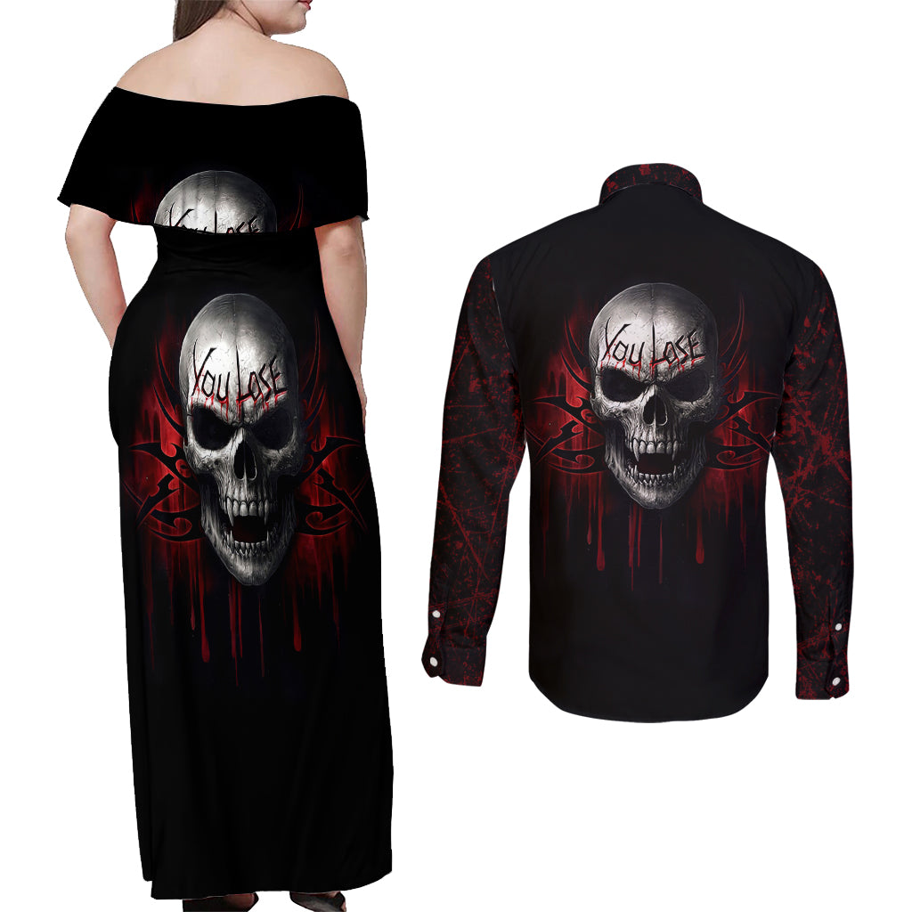 Skull Couples Matching Off Shoulder Maxi Dress and Long Sleeve Button Shirts Death Skull Game Over - Wonder Print Shop