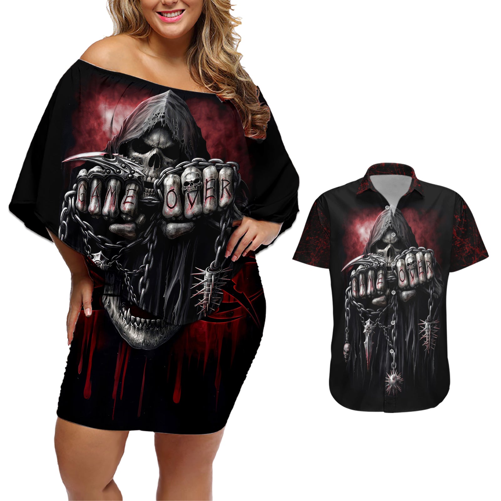 Skull Couples Matching Off Shoulder Short Dress and Hawaiian Shirt Death Skull Game Over - Wonder Print Shop
