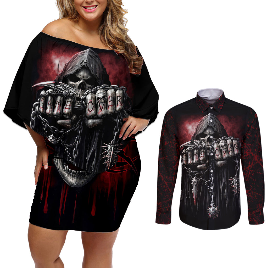 Skull Couples Matching Off Shoulder Short Dress and Long Sleeve Button Shirts Death Skull Game Over - Wonder Print Shop