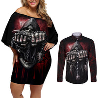 Skull Couples Matching Off Shoulder Short Dress and Long Sleeve Button Shirts Death Skull Game Over - Wonder Print Shop