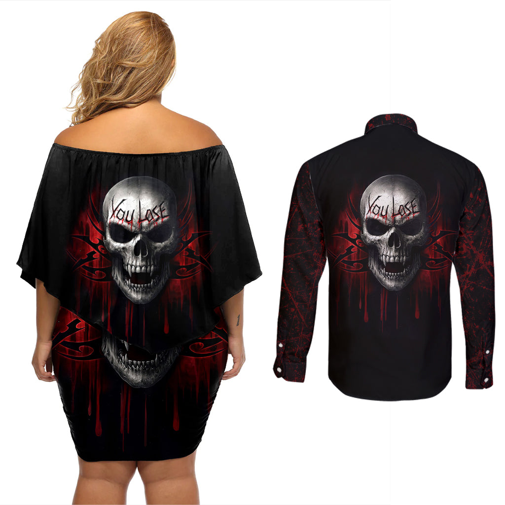 Skull Couples Matching Off Shoulder Short Dress and Long Sleeve Button Shirts Death Skull Game Over - Wonder Print Shop