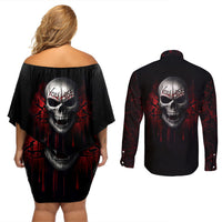 Skull Couples Matching Off Shoulder Short Dress and Long Sleeve Button Shirts Death Skull Game Over - Wonder Print Shop