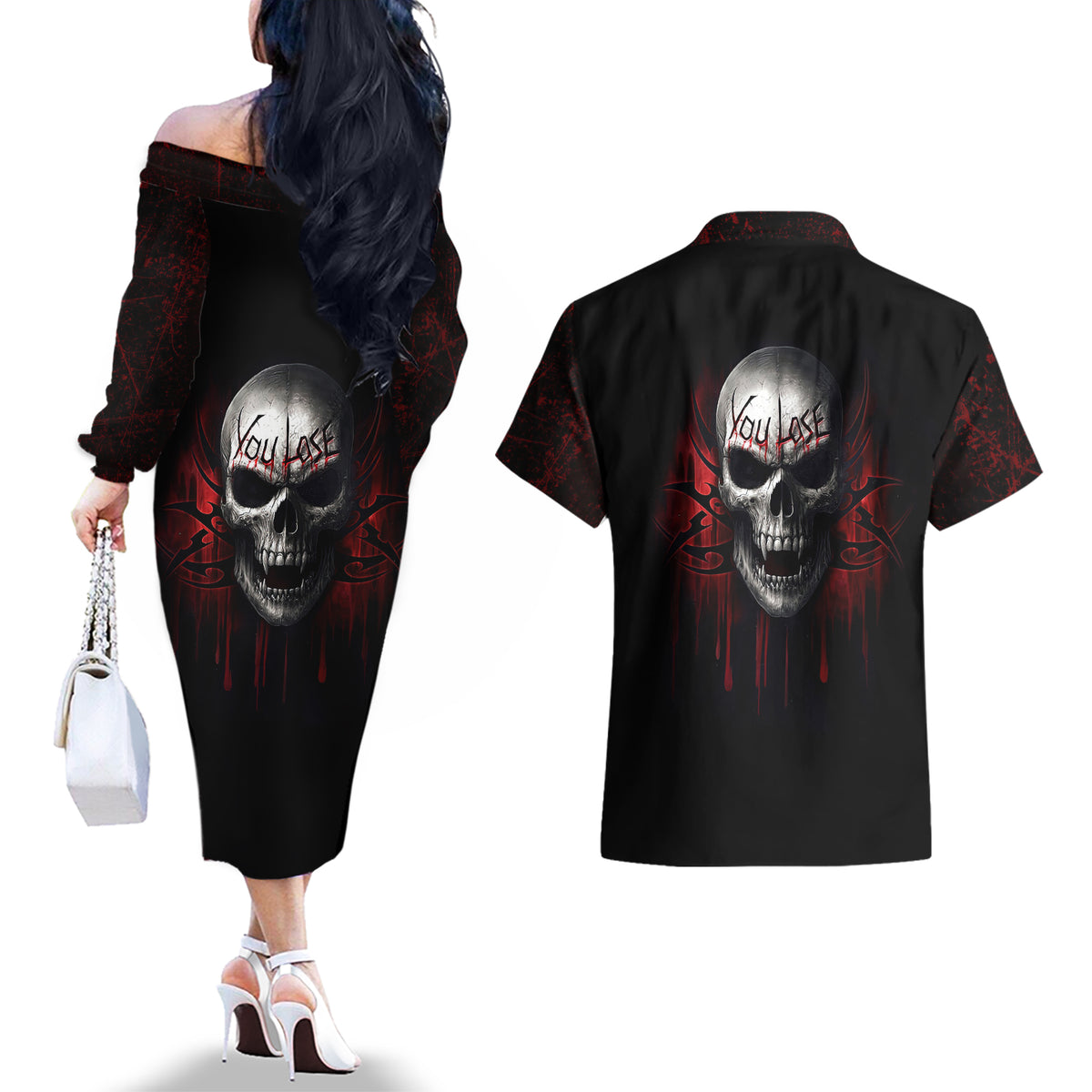 Skull Couples Matching Off The Shoulder Long Sleeve Dress and Hawaiian Shirt Death Skull Game Over - Wonder Print Shop