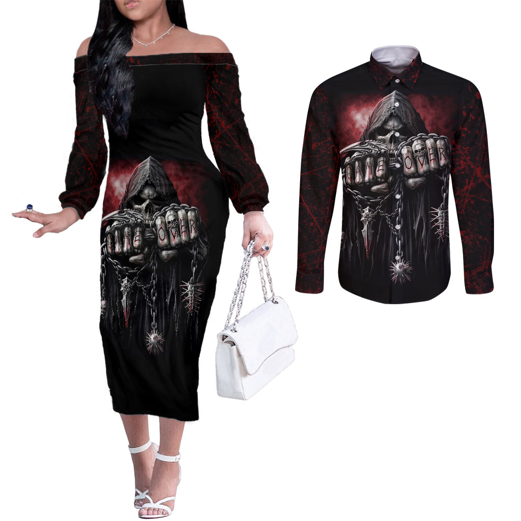 Skull Couples Matching Off The Shoulder Long Sleeve Dress and Long Sleeve Button Shirts Death Skull Game Over DT01