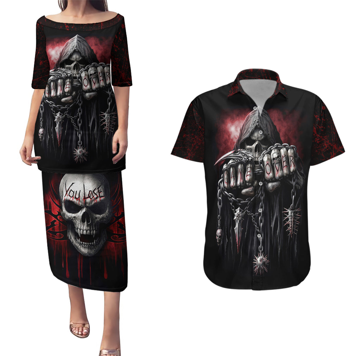 Skull Couples Matching Puletasi Dress and Hawaiian Shirt Death Skull Game Over - Wonder Print Shop