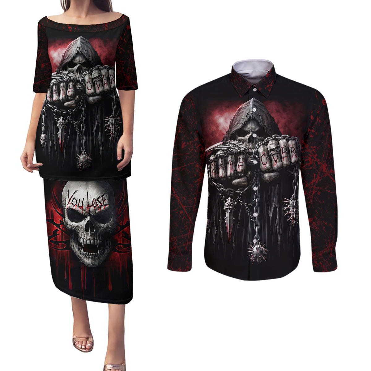 Skull Couples Matching Puletasi Dress and Long Sleeve Button Shirts Death Skull Game Over - Wonder Print Shop
