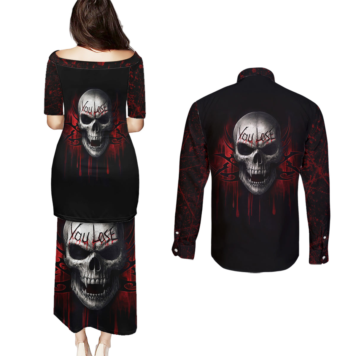 Skull Couples Matching Puletasi Dress and Long Sleeve Button Shirts Death Skull Game Over - Wonder Print Shop