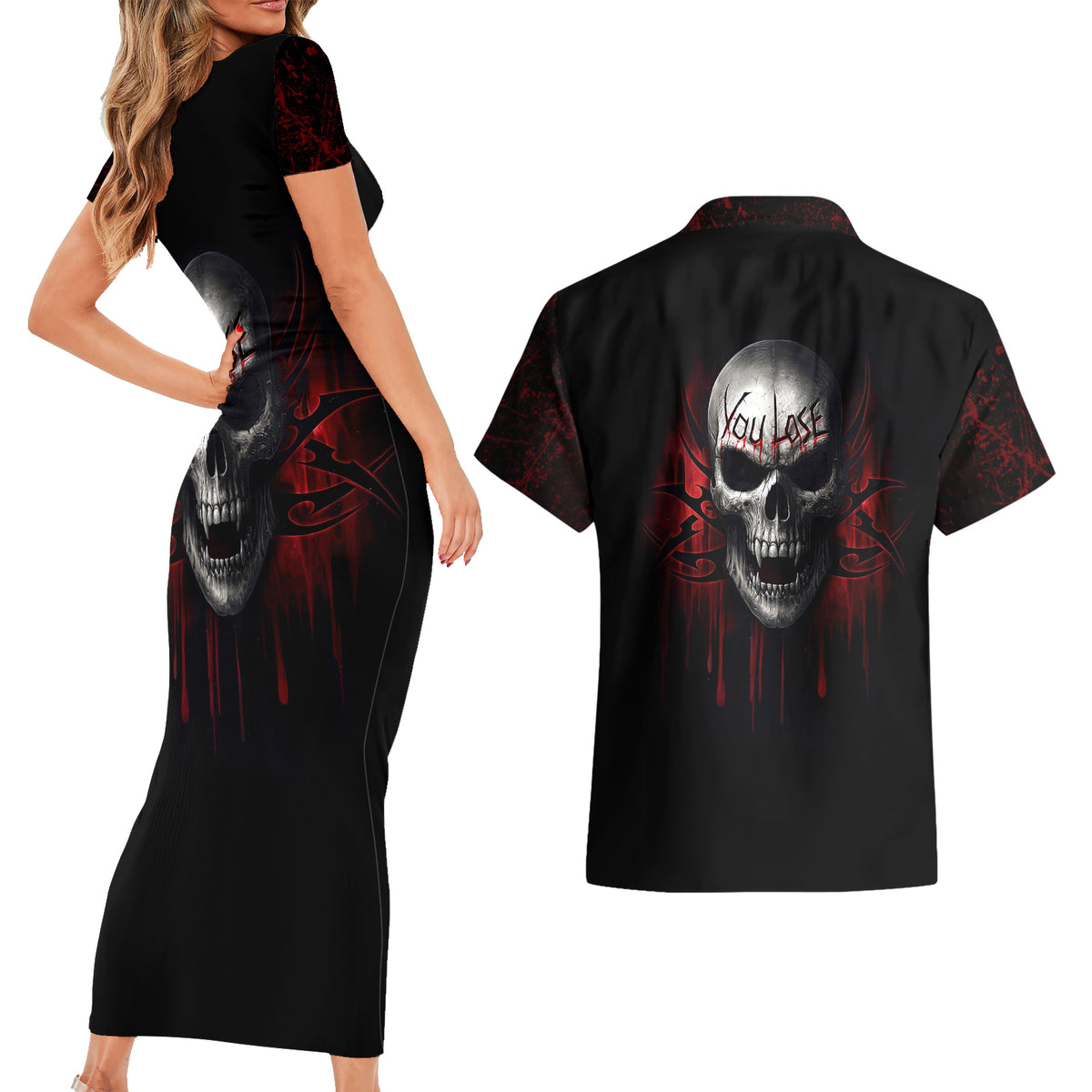 Skull Couples Matching Short Sleeve Bodycon Dress and Hawaiian Shirt Death Skull Game Over - Wonder Print Shop