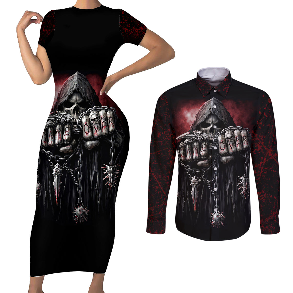 Skull Couples Matching Short Sleeve Bodycon Dress and Long Sleeve Button Shirts Death Skull Game Over - Wonder Print Shop