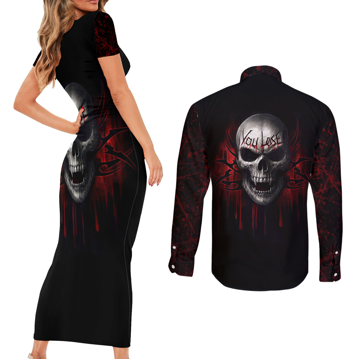 Skull Couples Matching Short Sleeve Bodycon Dress and Long Sleeve Button Shirts Death Skull Game Over - Wonder Print Shop
