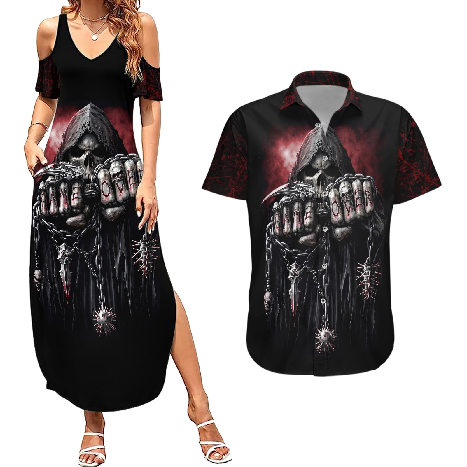 Skull Couples Matching Summer Maxi Dress and Hawaiian Shirt Death Skull Game Over - Wonder Print Shop