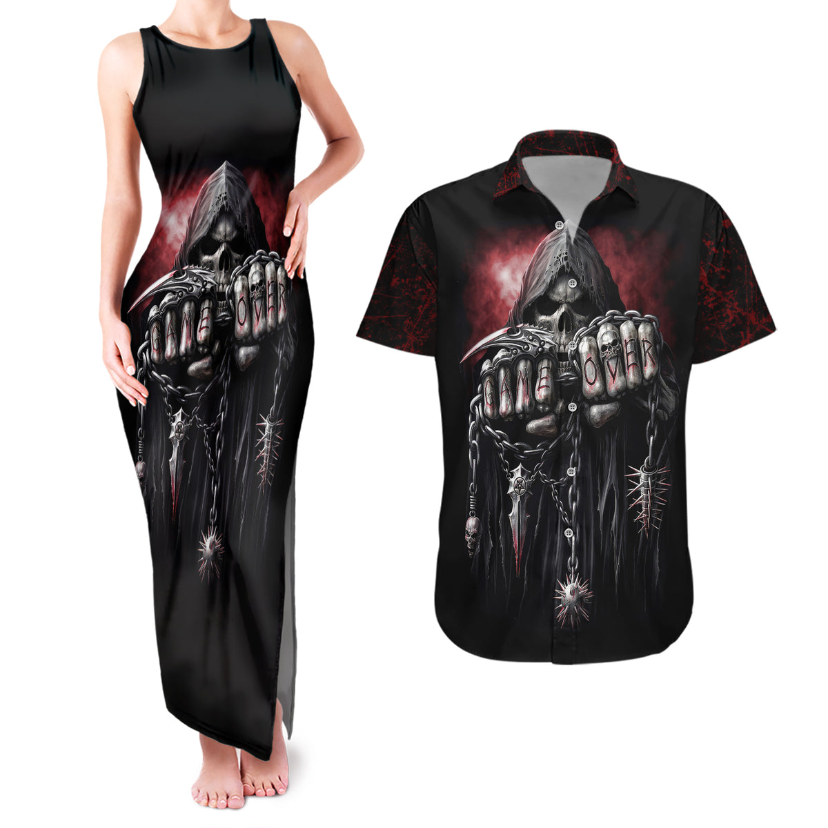 Skull Couples Matching Tank Maxi Dress And Hawaiian Shirt Death Skull Game Over - Wonder Print Shop