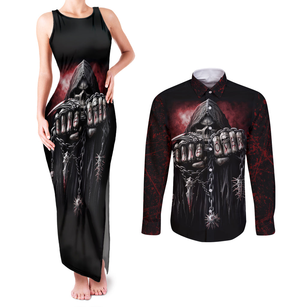 Skull Couples Matching Tank Maxi Dress and Long Sleeve Button Shirts Death Skull Game Over - Wonder Print Shop